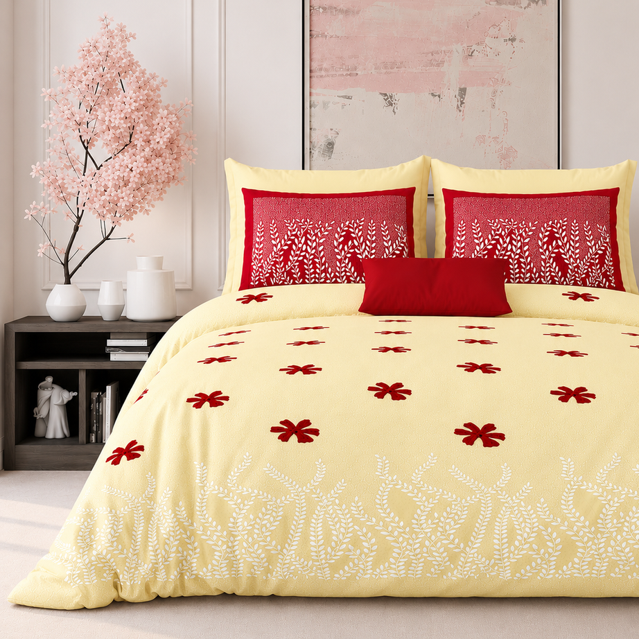 Ivory Crimson Floral Premium King Size Bedsheet