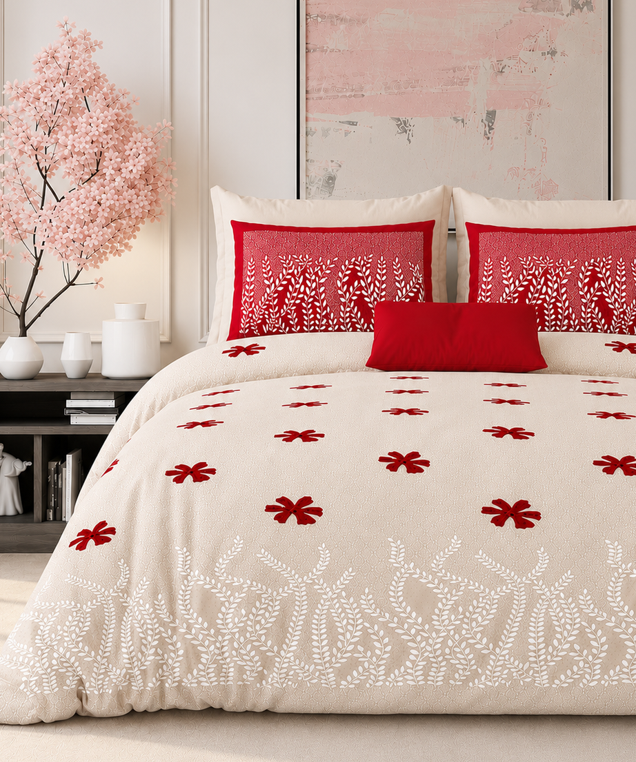 Ivory Red Blossom Premium King Size Bedsheet