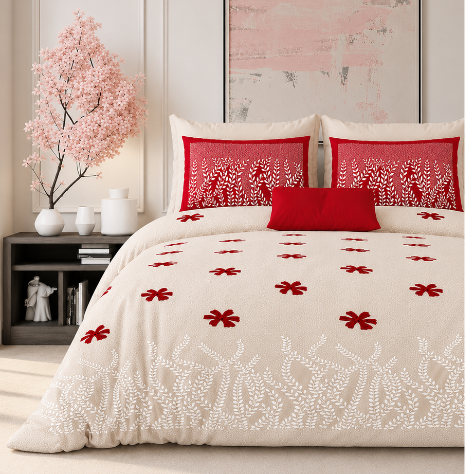 Ivory Red Blossom Premium King Size Bedsheet