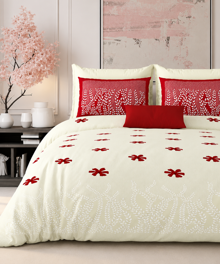 Bedding set with red floral patterns on a neutral background