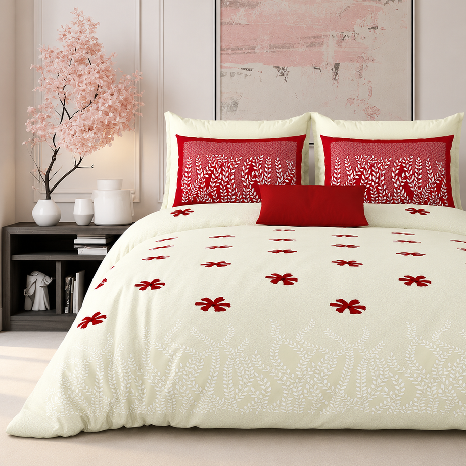 Vanilla Red Floral Premium King Size Bedsheet