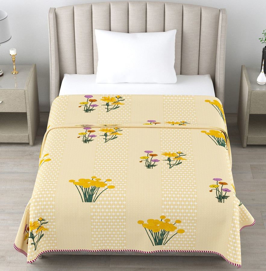Yellow Floral Cotton Dohar Pack of 2 | 3 Layer Single Dohar | 63x90 Inches