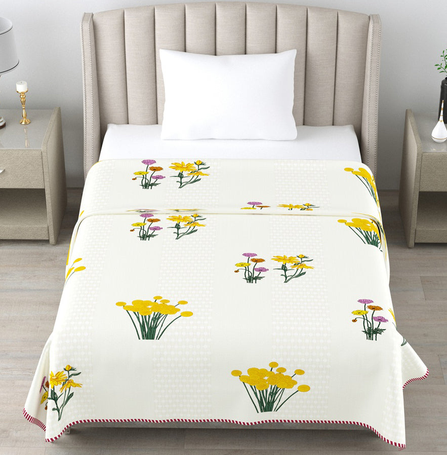 White Floral Cotton Dohar Pack of 2 | 3 Layer Single Dohar | 63x90 Inches