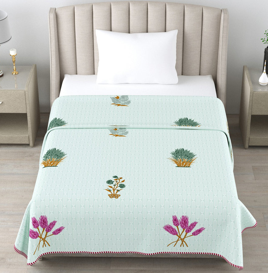 Pastel Green Botanical Cotton Dohar Pack of 2 | 3 Layer Single Dohar | 63x90 Inches