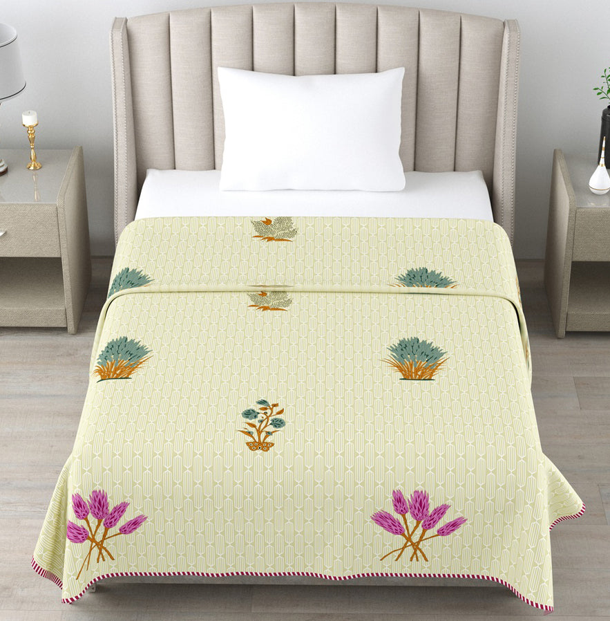 Pastel Yellow Botanical Cotton Dohar Pack of 2 | 3 Layer Single Dohar | 63x90 Inches