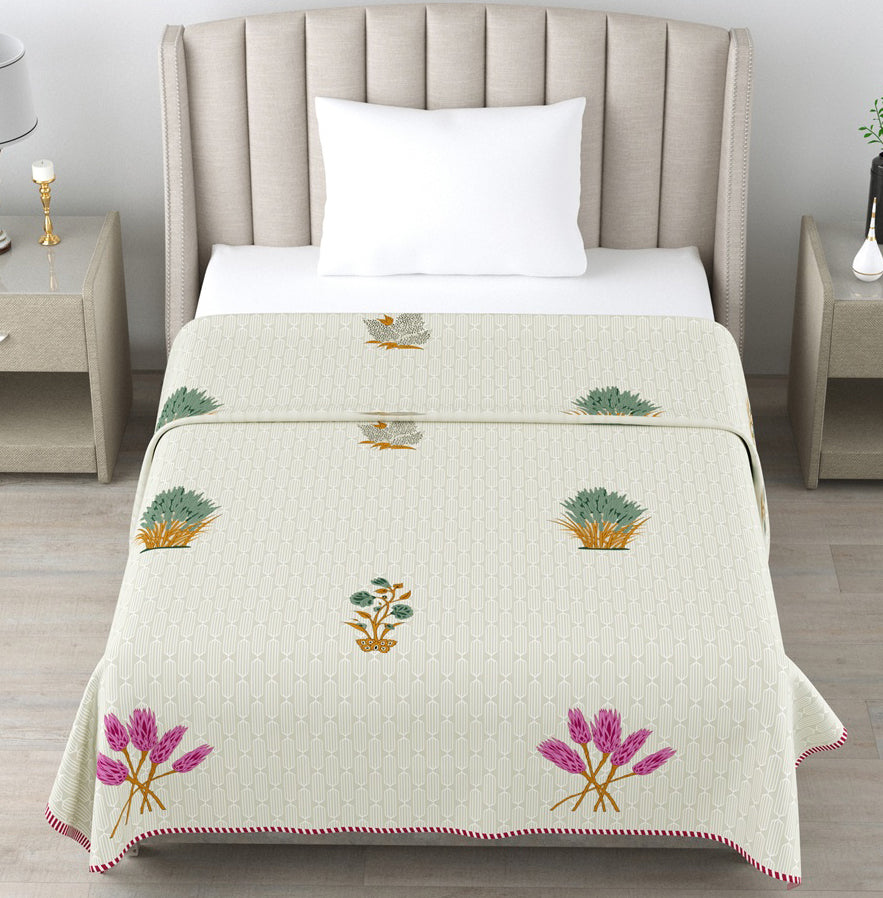 Ivory Botanical Cotton Dohar Pack of 2 | 3 Layer Single Dohar | 63x90 Inches