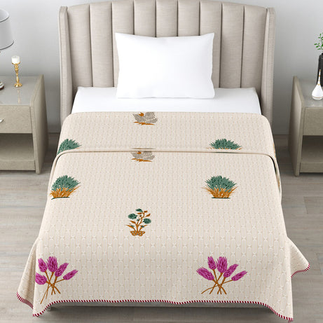 Beige Botanical Cotton Dohar Pack of 2 | 3 Layer Single Dohar | 63x90 Inches