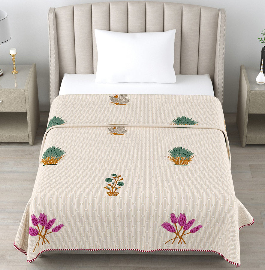 Beige Botanical Cotton Dohar Pack of 2 | 3 Layer Single Dohar | 63x90 Inches