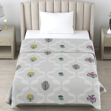 Grey Floral Cotton Dohar Pack of 2 | 3 Layer Single Dohar | 63x90 Inches