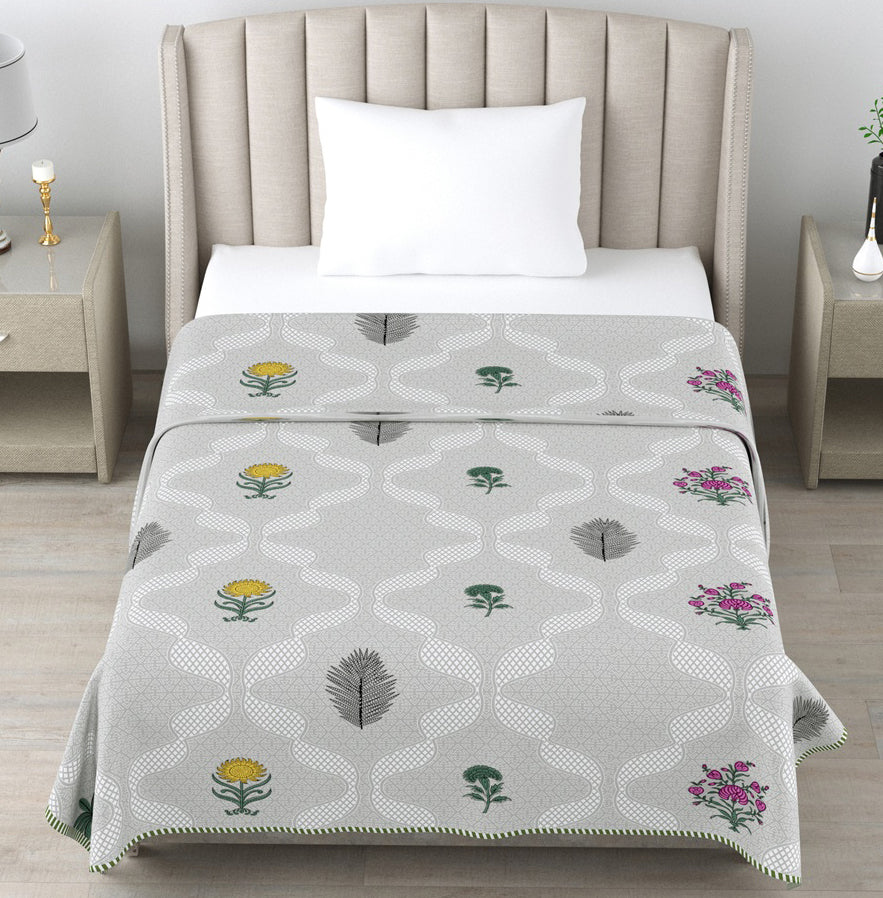 Grey Floral Cotton Dohar Pack of 2 | 3 Layer Single Dohar | 63x90 Inches