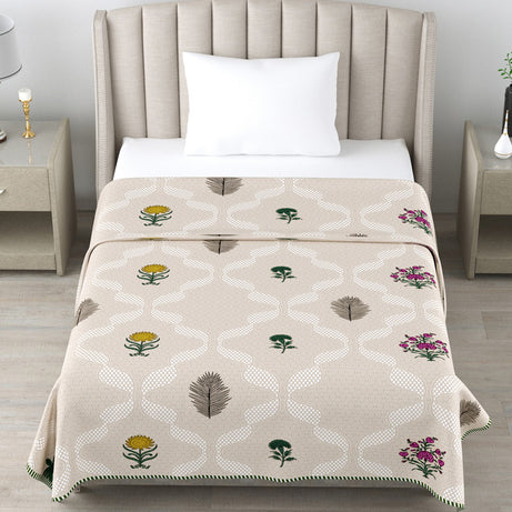 Beige Floral Cotton Dohar Pack of 2 | 3 Layer Single Dohar | 63x90 Inches
