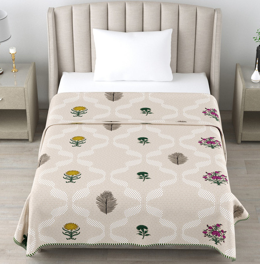 Beige Floral Cotton Dohar Pack of 2 | 3 Layer Single Dohar | 63x90 Inches