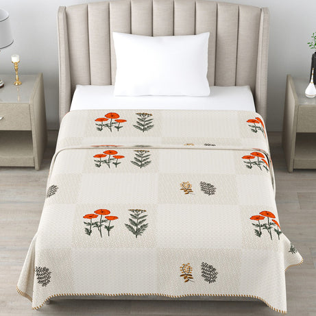 Ivory Orange Floral Cotton Dohar Pack of 2 | 3 Layer Single Dohar | 63x90 Inches
