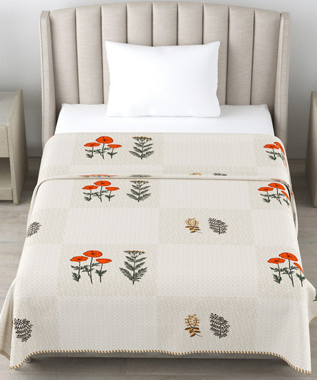 Ivory Orange Floral Cotton Dohar Pack of 2 | 3 Layer Single Dohar