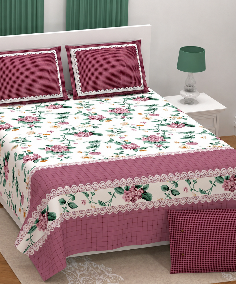 Pink Floral Twill Cotton King Size Bedsheet