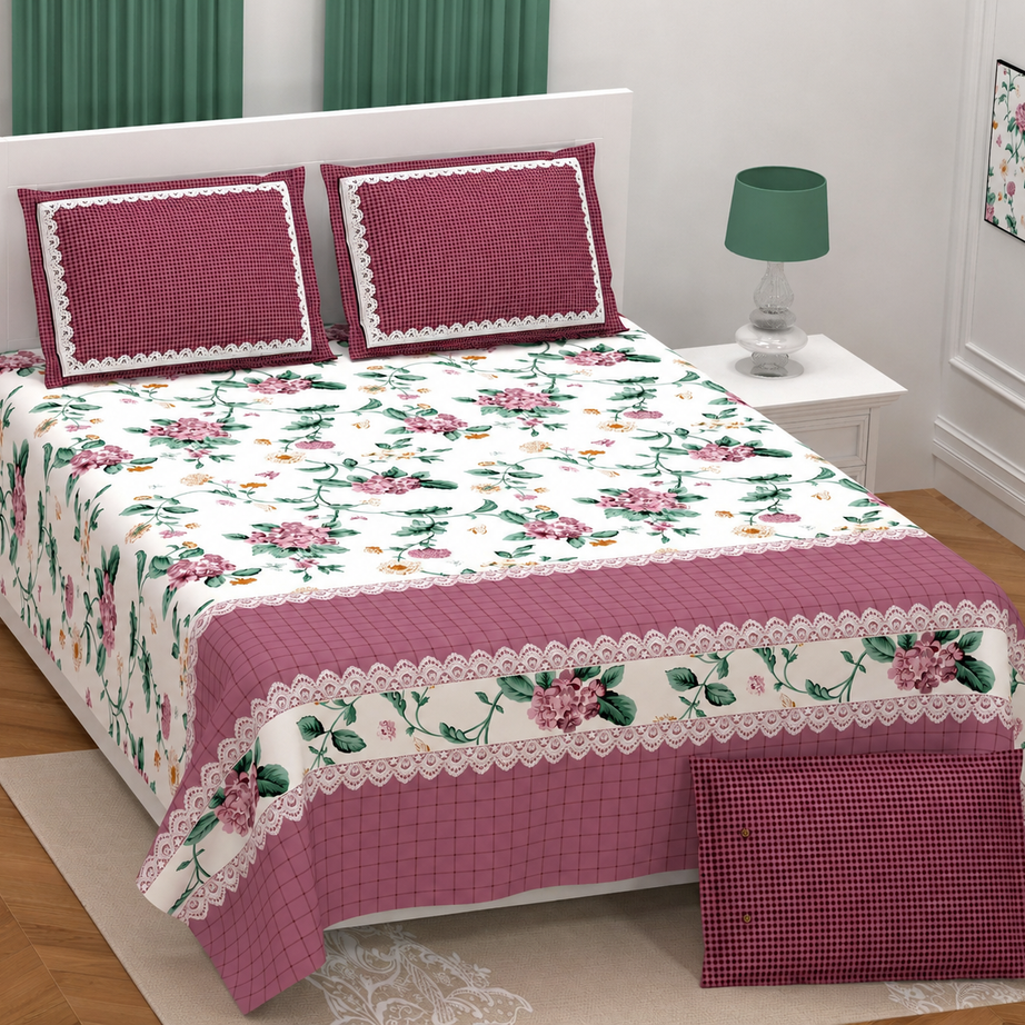 Pink Floral Twill Cotton King Size Bedsheet