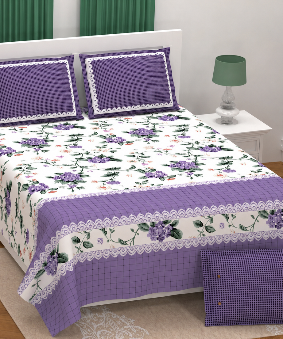 Purple Floral Twill Cotton King Size Bedsheet