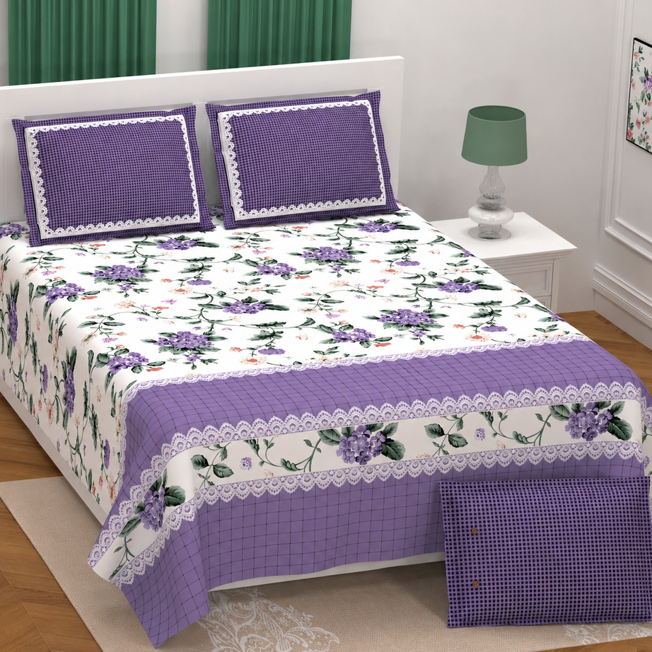 Purple Floral Twill Cotton King Size Bedsheet