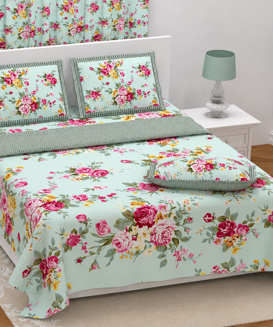 Mint Green Floral Twill Cotton King Size Bedsheet