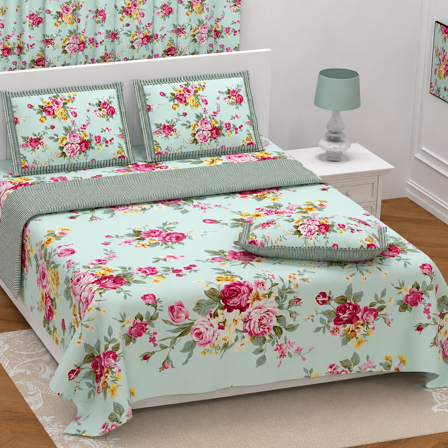 Mint Green Floral Twill Cotton King Size Bedsheet