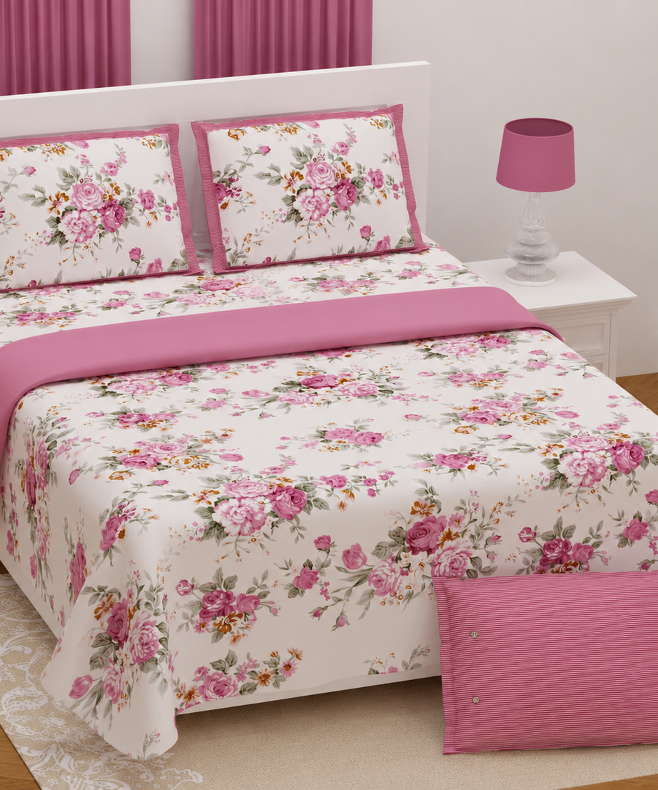 Pink Rose Floral Twill Cotton King Size Bedsheet