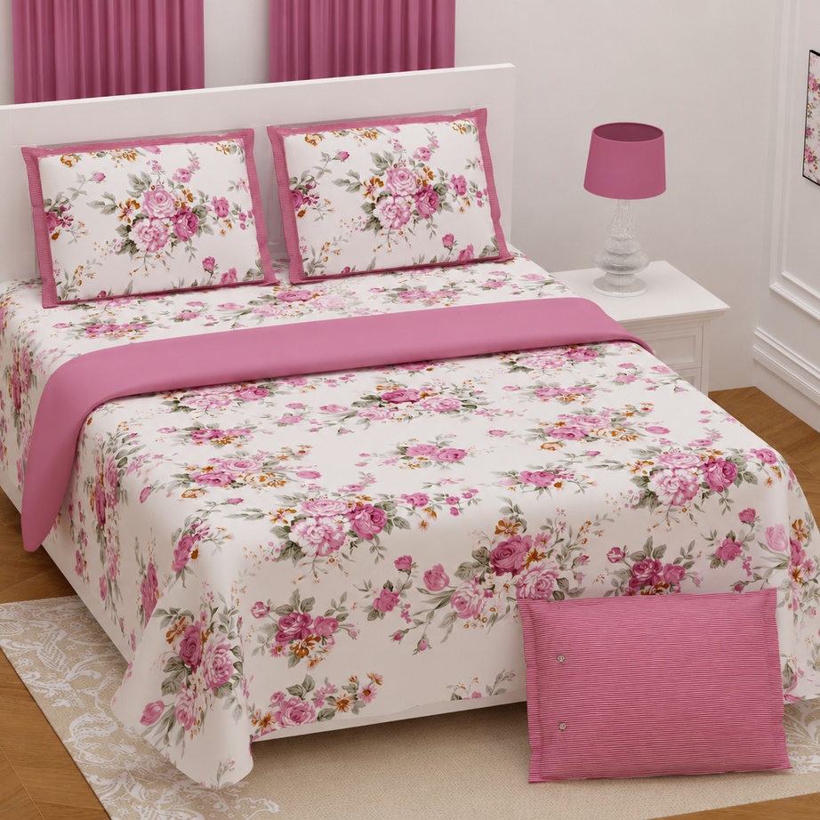 Pink Rose Floral Twill Cotton King Size Bedsheet