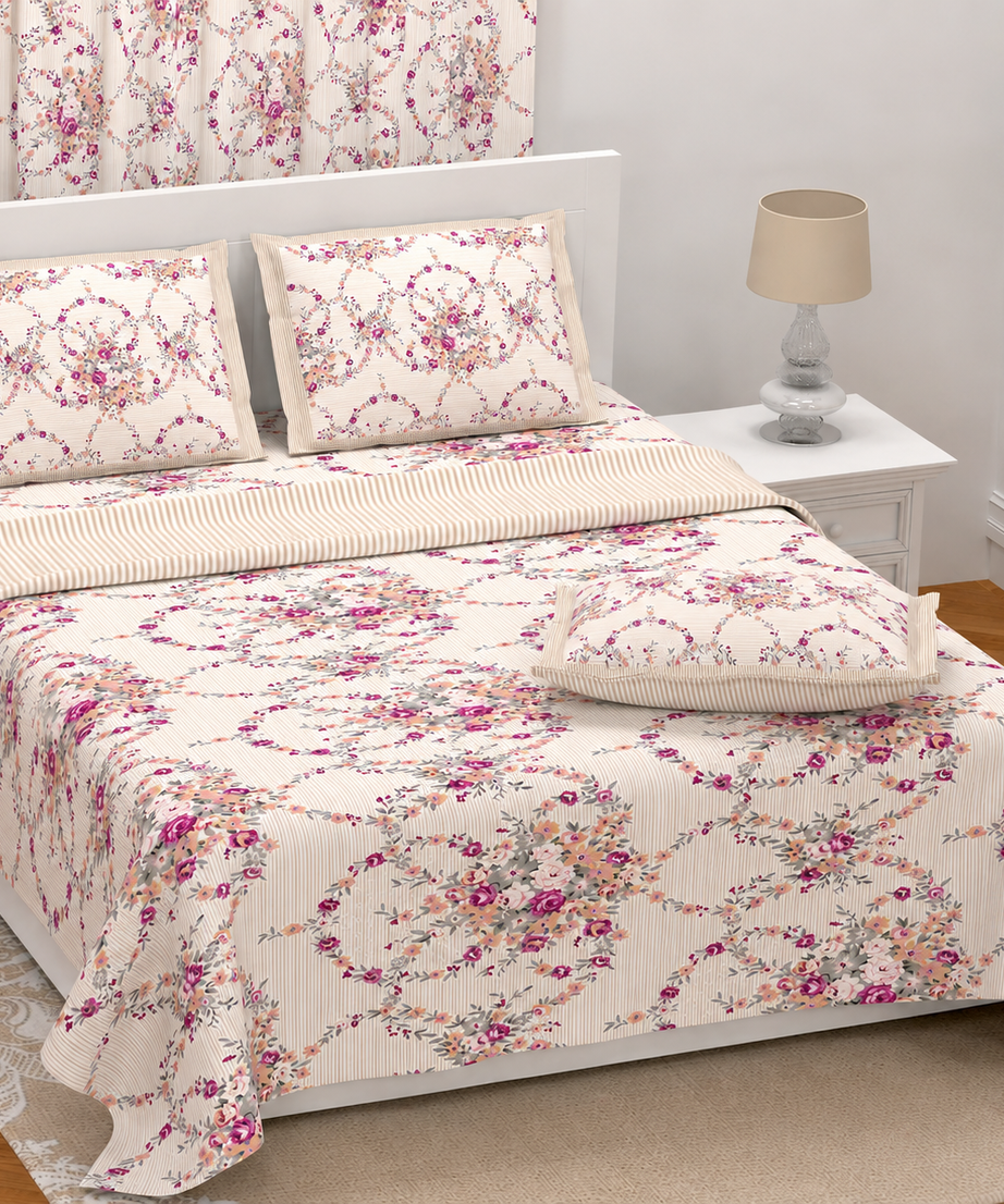 Bedroom with floral bedding and matching curtains