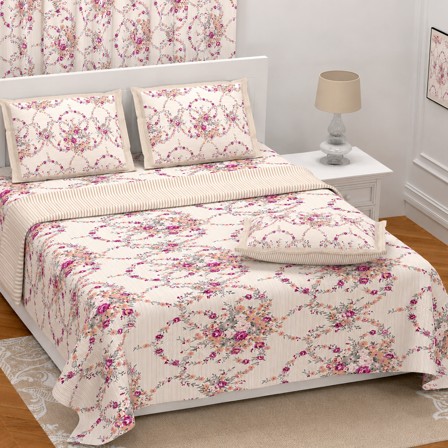 Beige Floral Twill Cotton King Size Bedsheet