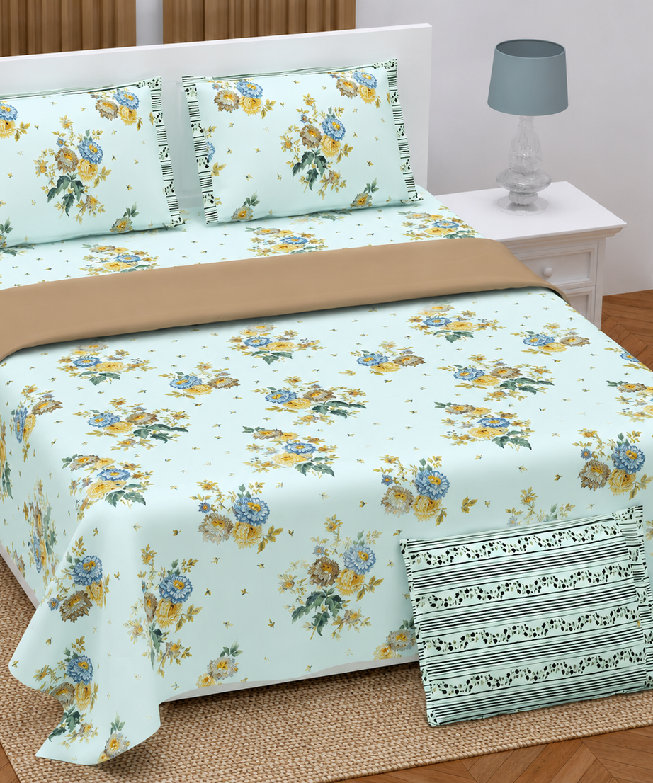 Pastel Blue Floral Twill Cotton King Size Bedsheet