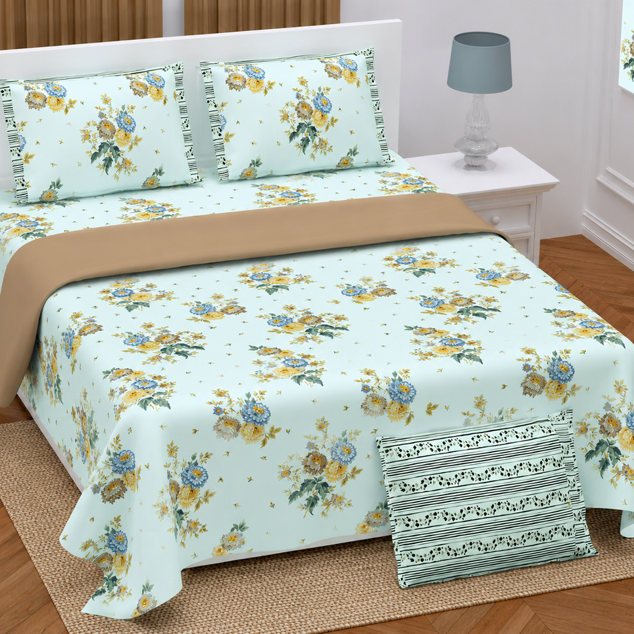 Pastel Blue Floral Twill Cotton King Size Bedsheet