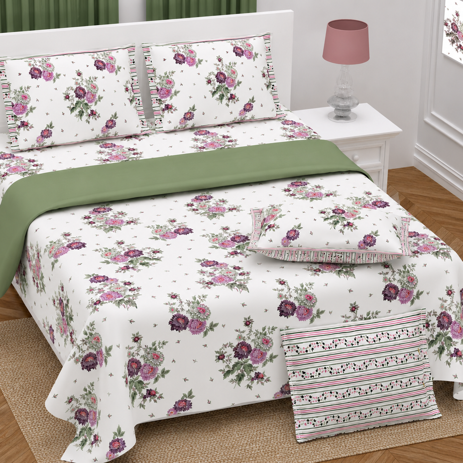 Purple Blossom Twill Cotton King Size Bedsheet
