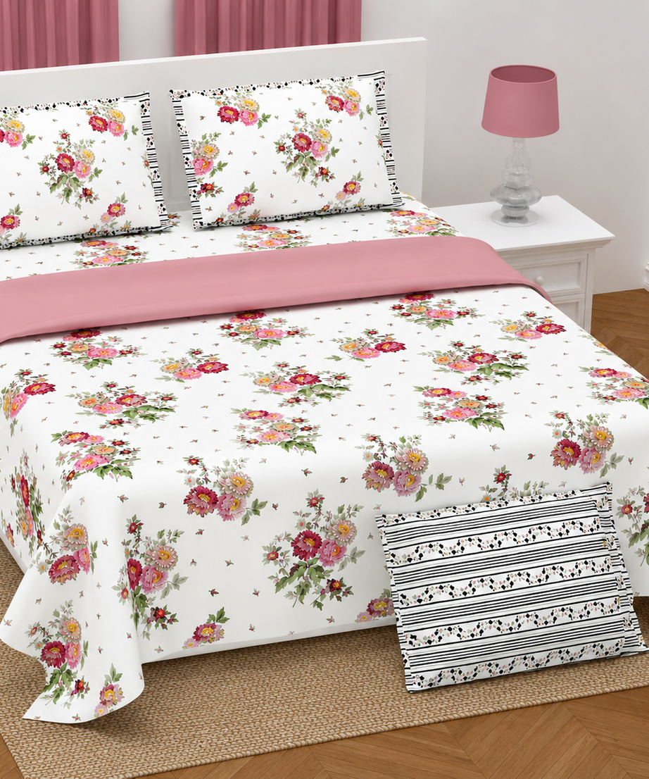 Pink Garden Floral Twill Cotton King Size Bedsheet