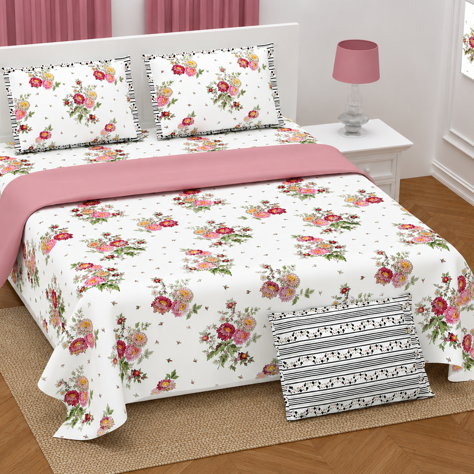 Pink Garden Floral Twill Cotton King Size Bedsheet
