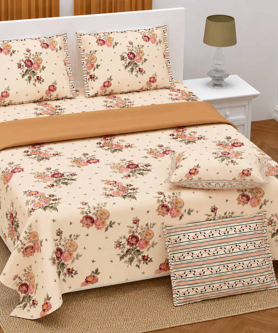 Peach Floral Twill Cotton King Size Bedsheet