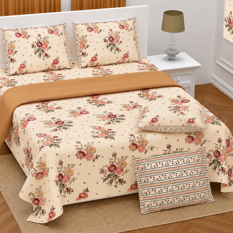 Peach Floral Twill Cotton King Size Bedsheet
