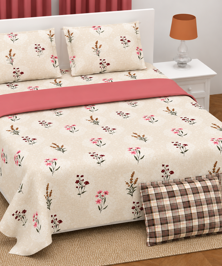 Beige Floral Twill Cotton King Size Bedsheet