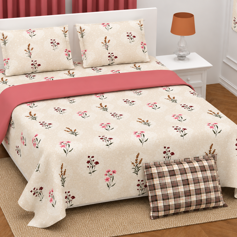 Beige Floral Twill Cotton King Size Bedsheet