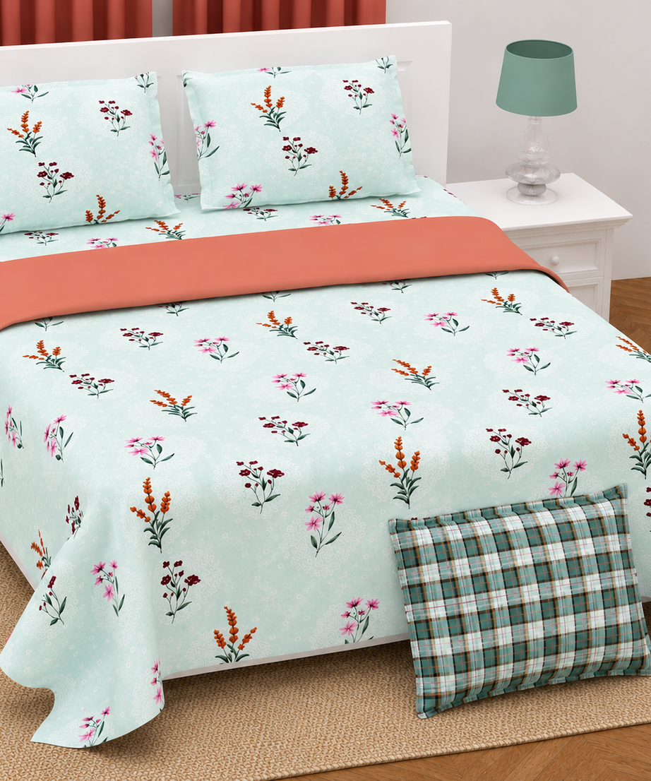 Mint Floral Twill Cotton King Size Bedsheet
