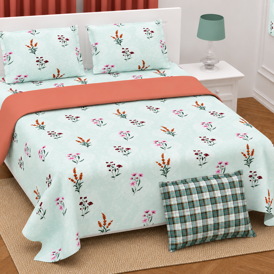 Mint Floral Twill Cotton King Size Bedsheet
