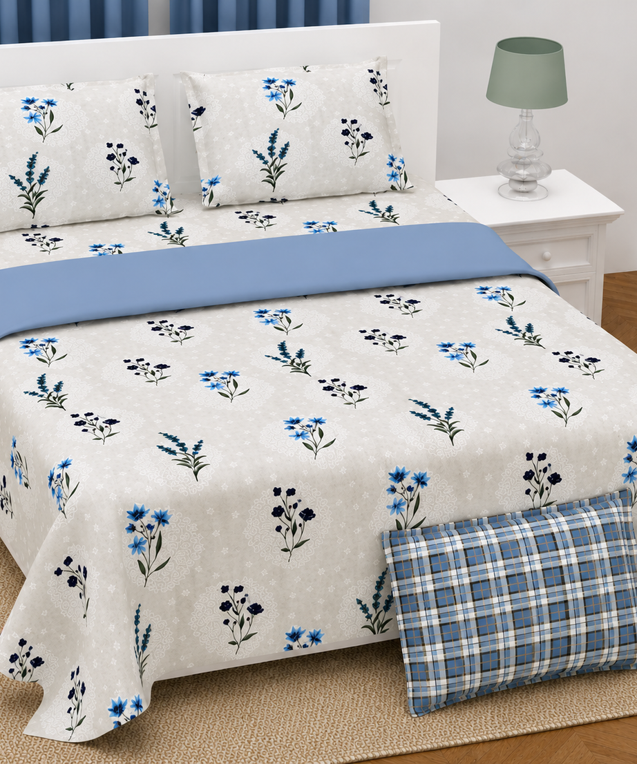 Blue Floral Twill Cotton King Size Bedsheet