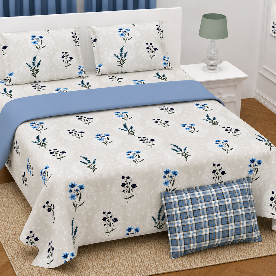 Blue Floral Twill Cotton King Size Bedsheet