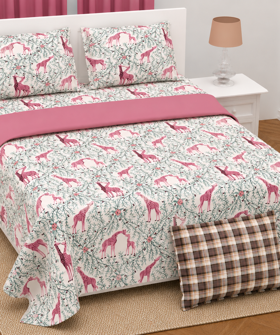 Pink Giraffe Print Twill Cotton King Size Bedsheet