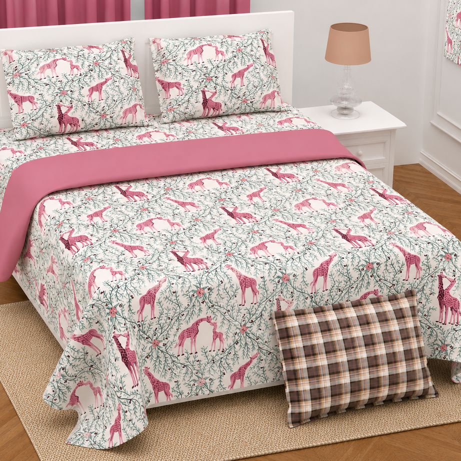 Pink Giraffe Print Twill Cotton King Size Bedsheet