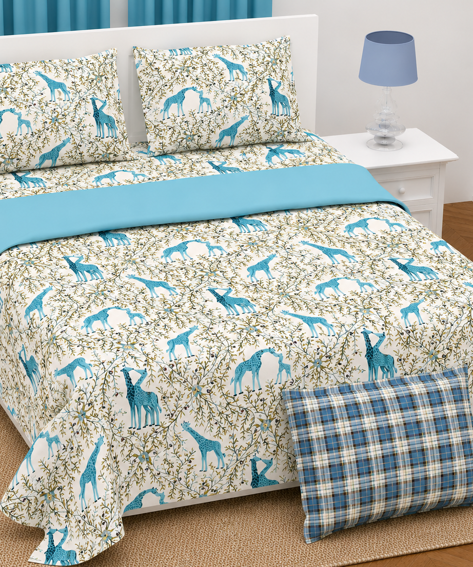 Blue Giraffe Print Twill Cotton King Size Bedsheet