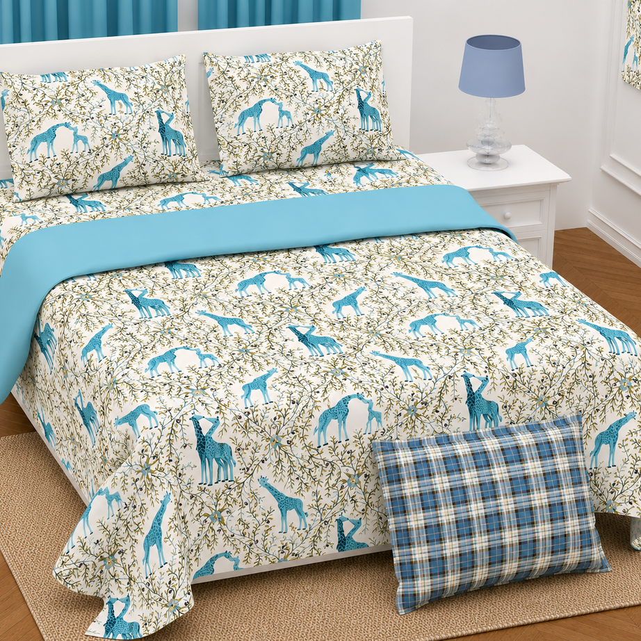 Blue Giraffe Print Twill Cotton King Size Bedsheet