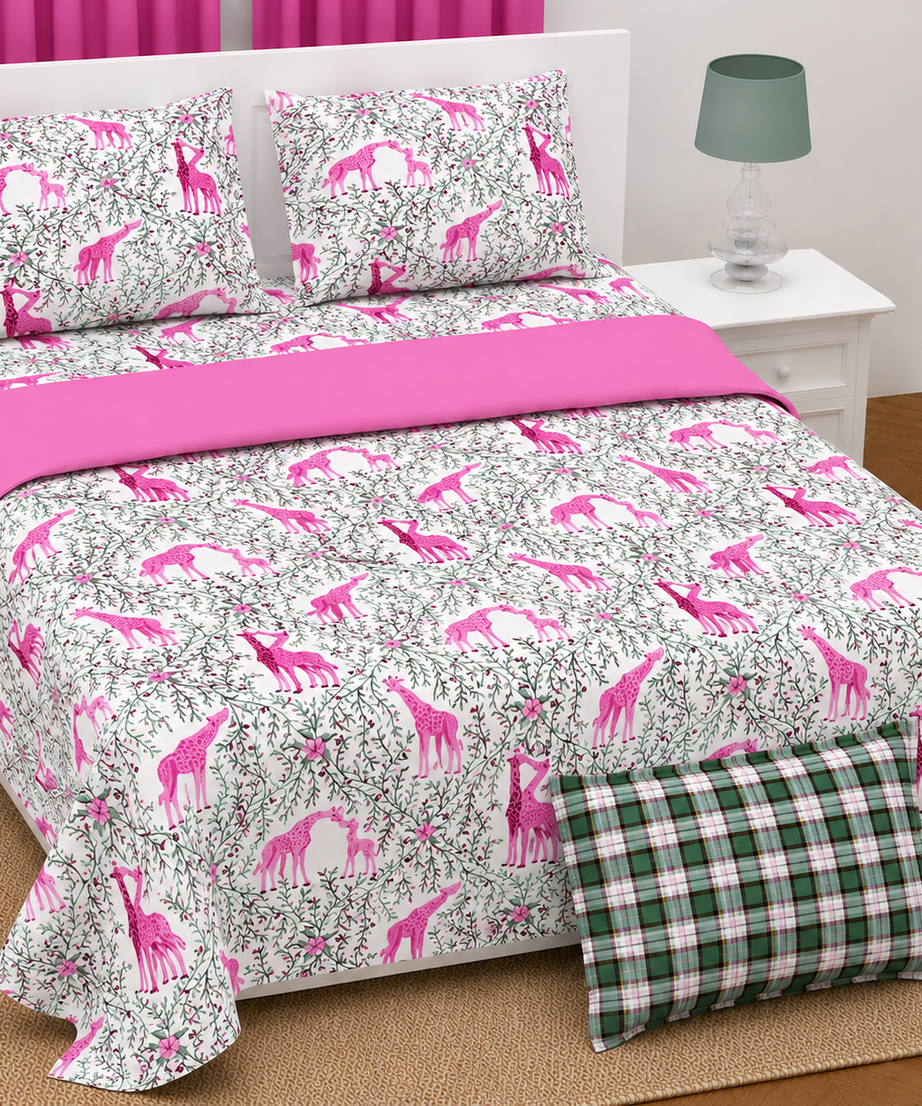 Hot Pink Giraffe Print Twill Cotton King Size Bedsheet
