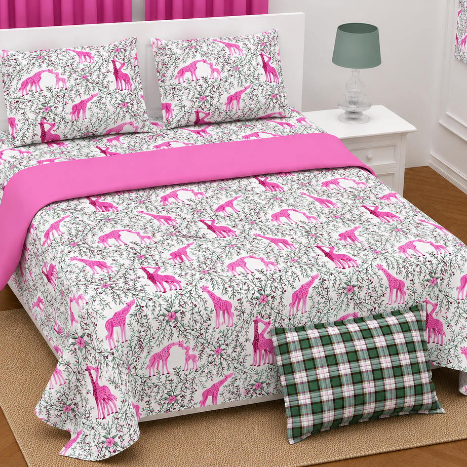 Hot Pink Giraffe Print Twill Cotton King Size Bedsheet