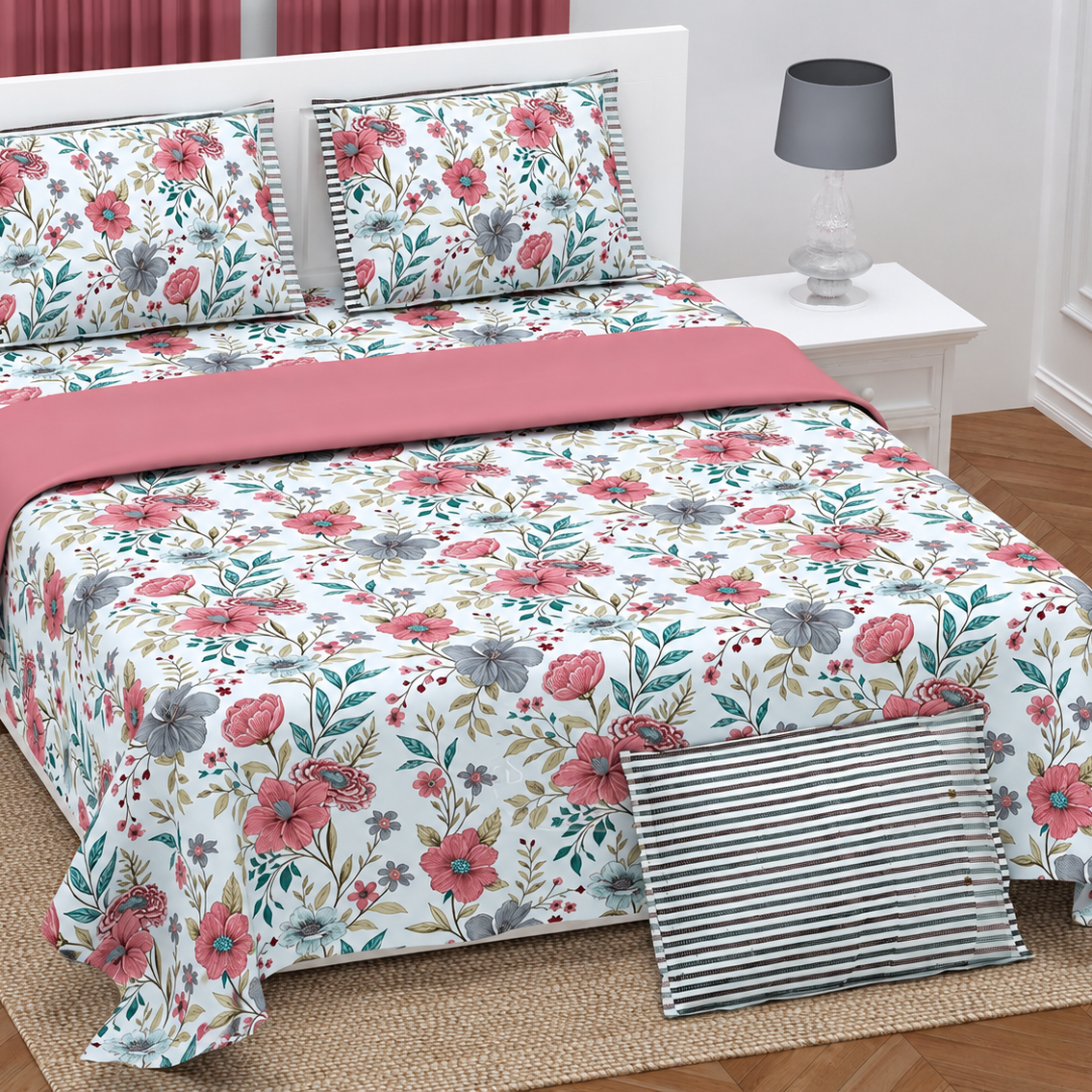 Pink & Grey Floral Twill Cotton King Size Bedsheet
