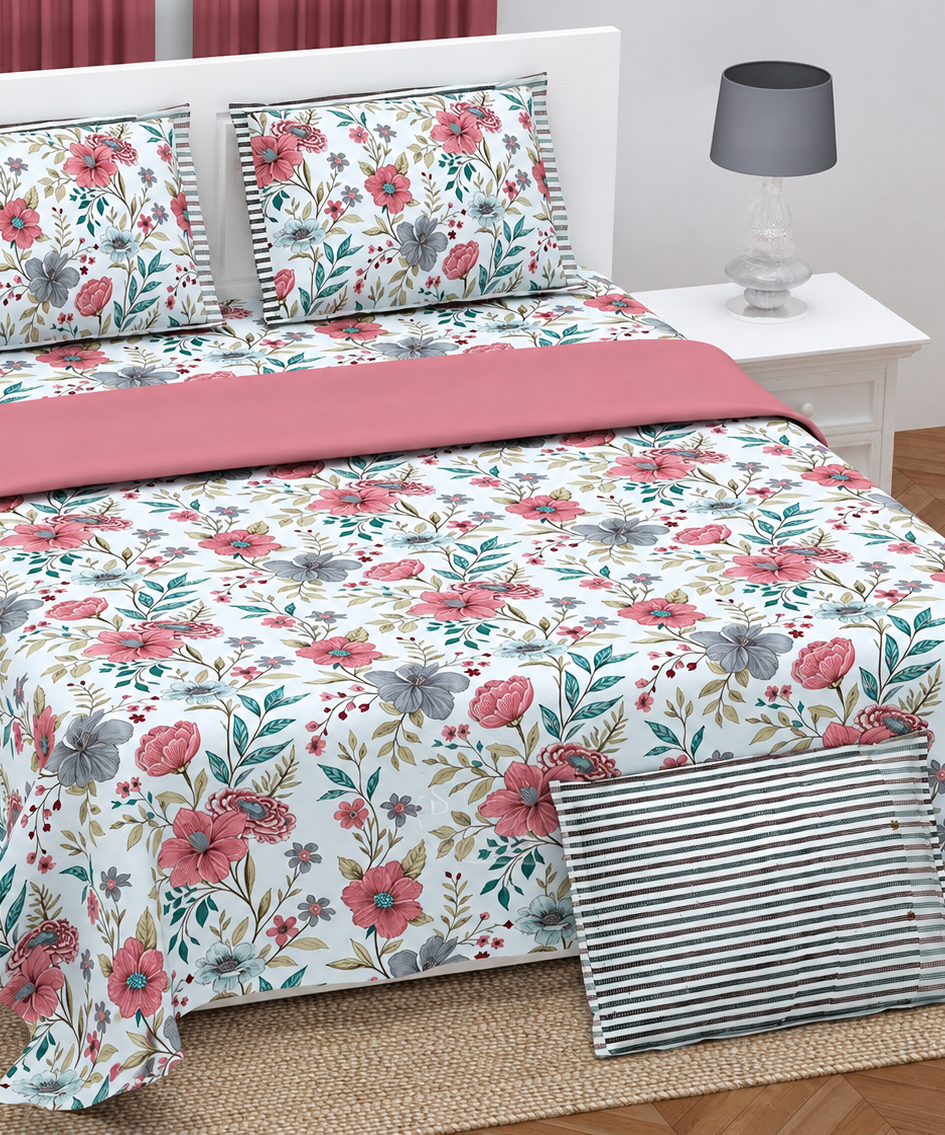 Pink & Grey Floral Twill Cotton King Size Bedsheet