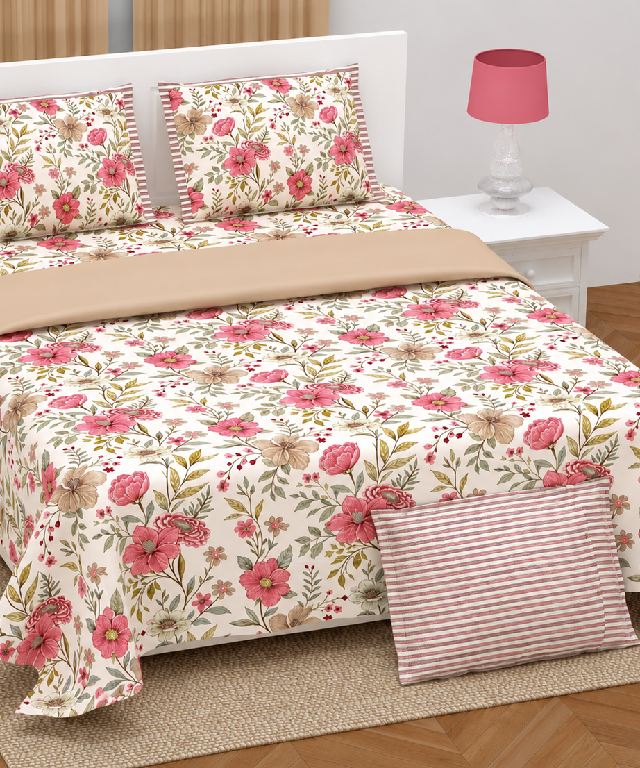 Pink Beige Floral Twill Cotton King Size Bedsheet